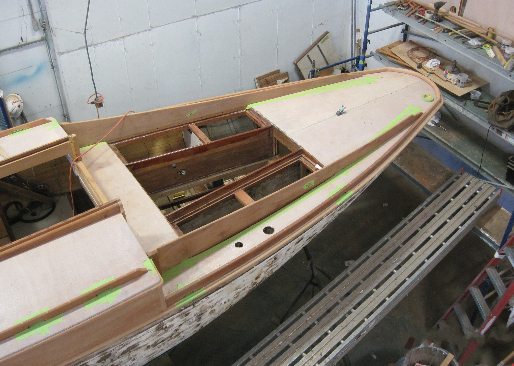 Wooden Boat Restoration - Kestrel - An overall view of the cockpit and deck work.