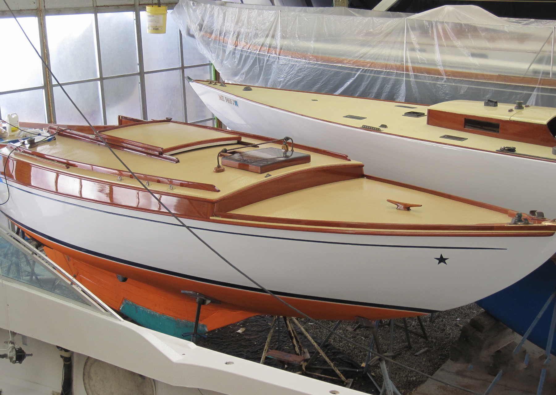Wooden Boat Restoration - Kestrel - Overhead view of Kestrel completed (from the waterline up- she still needs bottom paint!).